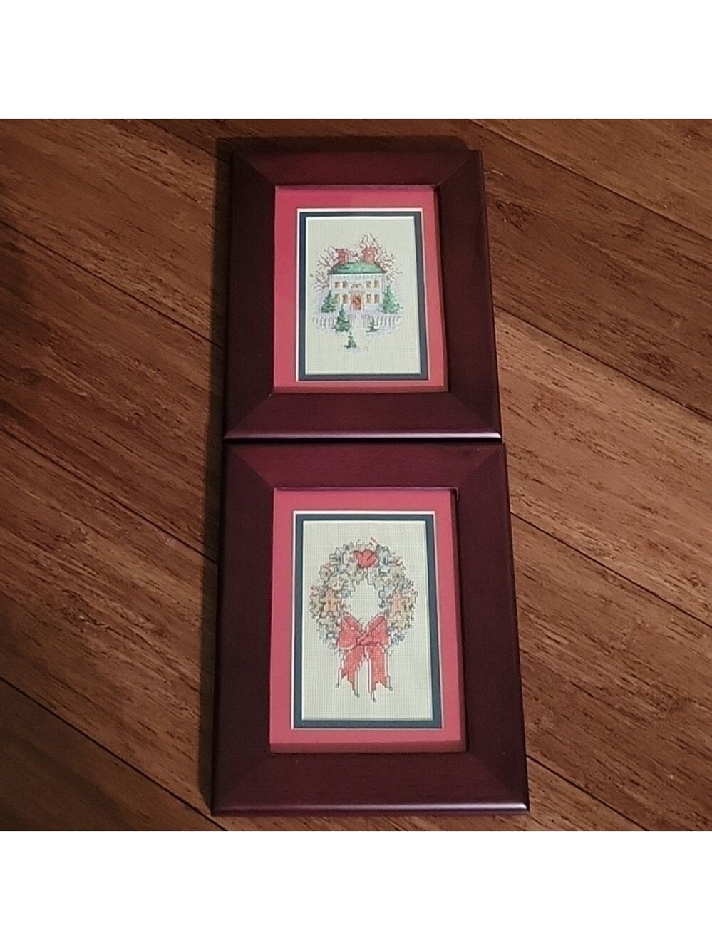 Vintage Christmas Cross Stitch In 5" X 7" Rosewood Frames (Set Of 2)